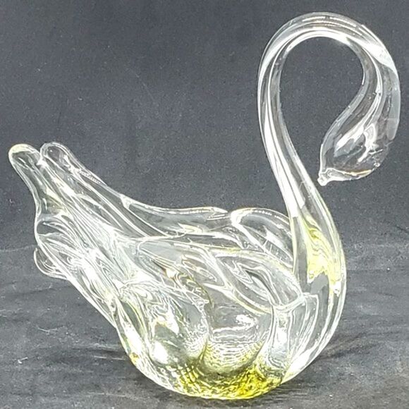 Chalet Glass Vintage Hand Blown Clear Yellow Textured Base Art Glass Swan Dish - Picture 12 of 12
